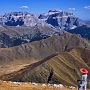 The Red Hat. Rosengarten Dolomites, looking towards the Sella plateau.